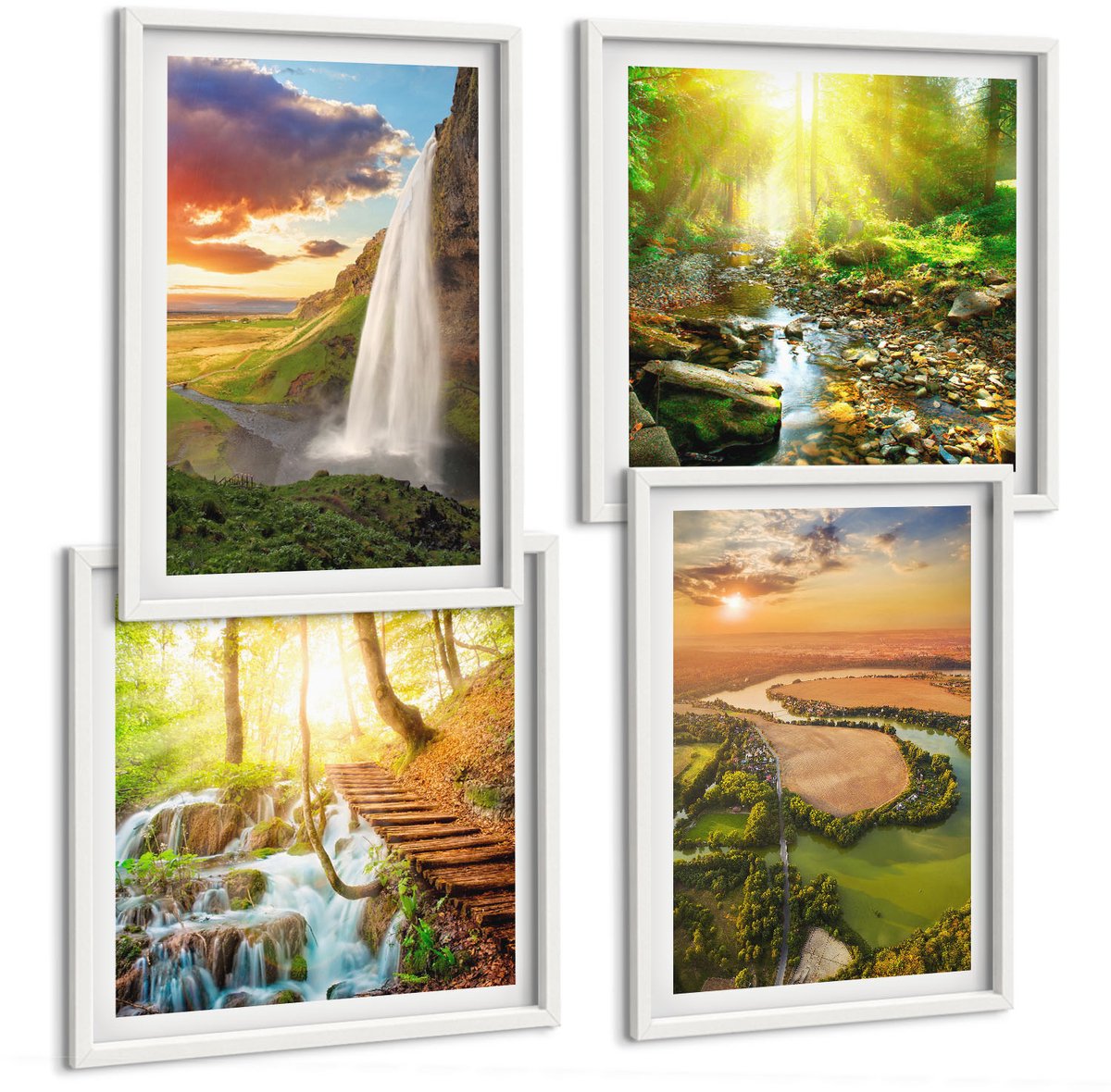 Wallfluent 4-Delige Schilderij Set - Waterval Bergen Sinaasappels Italiaans Landschap Zonsondergang - 40 x 40 En 40 x 60 - Muurdecoratie - Interieur Decoratie - Decoratieve Schilderijen