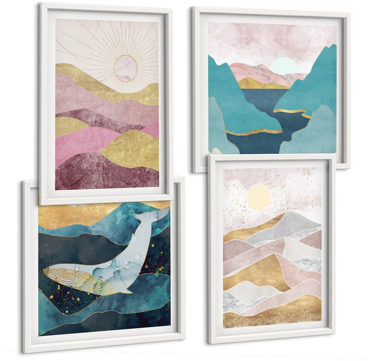 Wallfluent 4-Delige Schilderij Set - Abstracte Landschappen Met Bergen En Zon - 40 x 40 En 40 x 60 - Muurdecoratie - Wanddecoratie - Slaapkamer - Interieur Decoratie