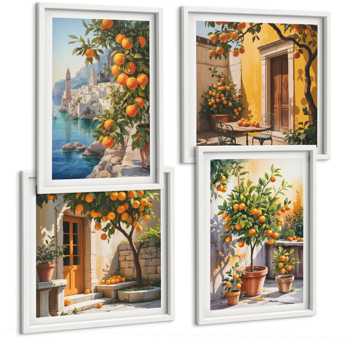 Wallfluent 4-Delige Schilderij Set - Geschilderde Citrusvruchten En Kustlandschappen - 40 x 40 En 40 x 60 - Stijlvolle Wanddecoratie - Interieur - Muurdecoratie
