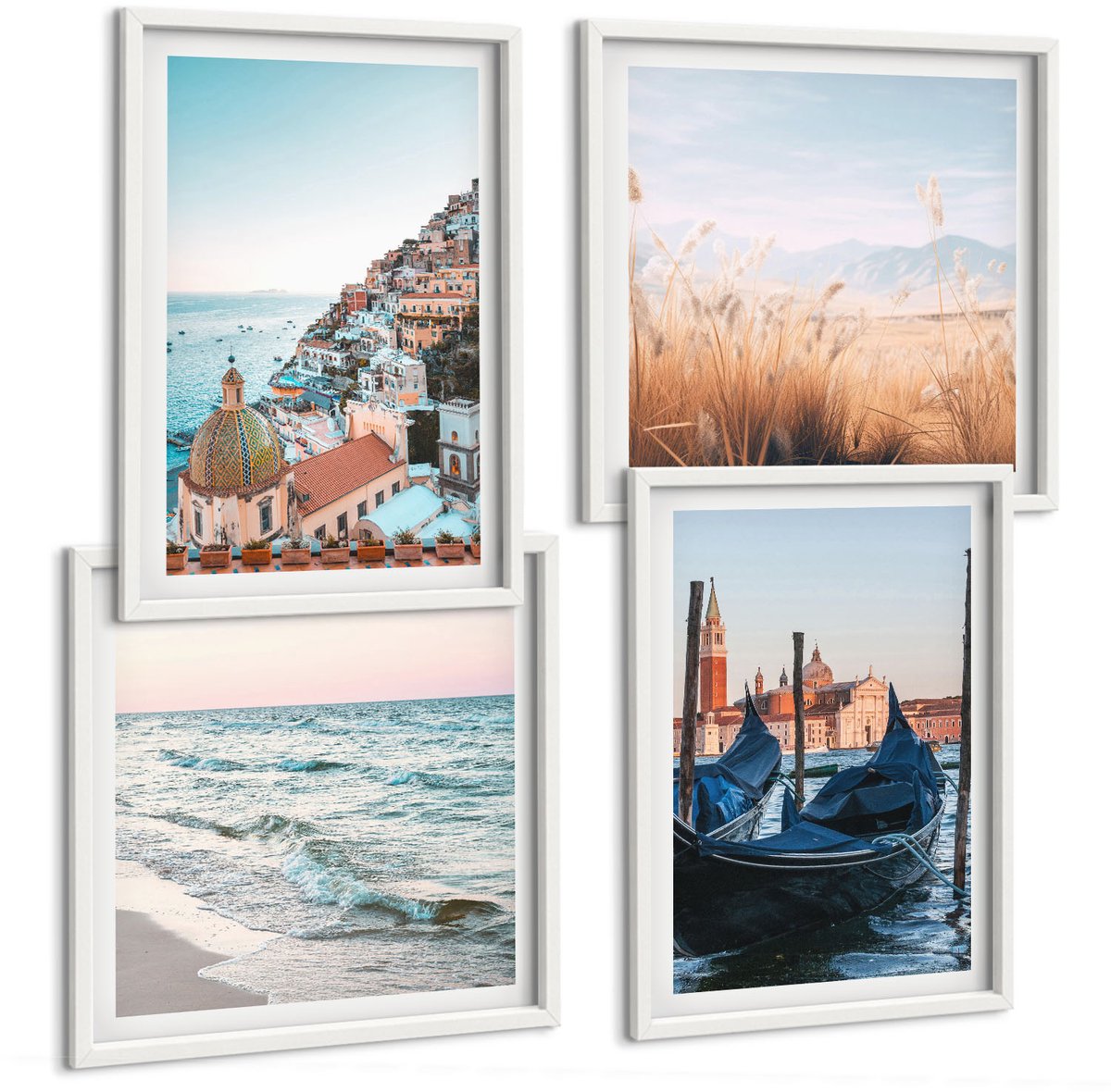 Wallfluent 4-Delige Schilderij Set - Uitzicht Op Zee, Italiaanse Architectuur, Venetië - 40 x 40 En 40 x 60 - Muurdecoratie - Wanddecoratie - Slaapkamer - Woonkamer Decoratie