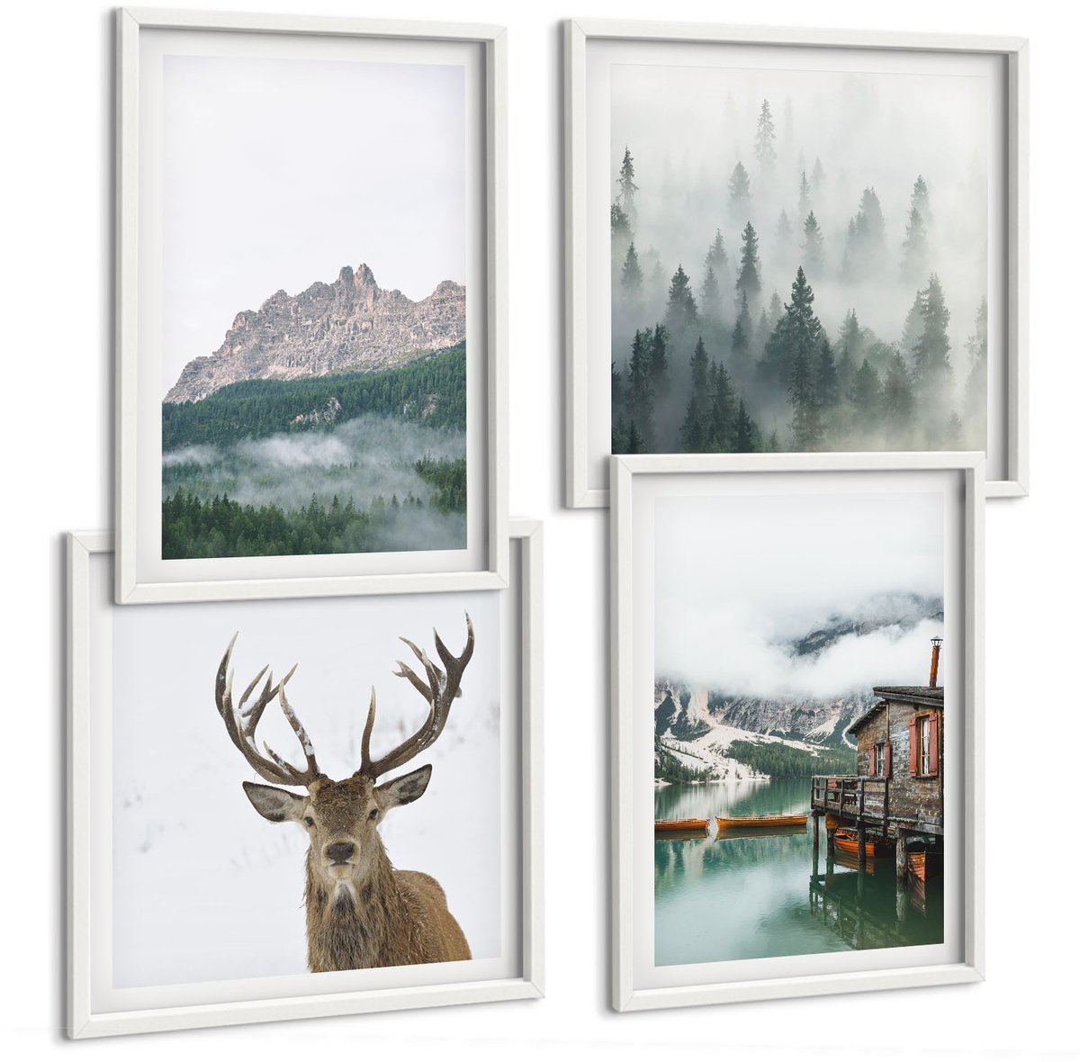 Wallfluent 4-Delige Schilderij Set - Bergen, Meer, Hertenhuisje En Mist In Het Bos - 40 x 40 En 40 x 60 - Wanddecoratie - Woonkamer Decoratie