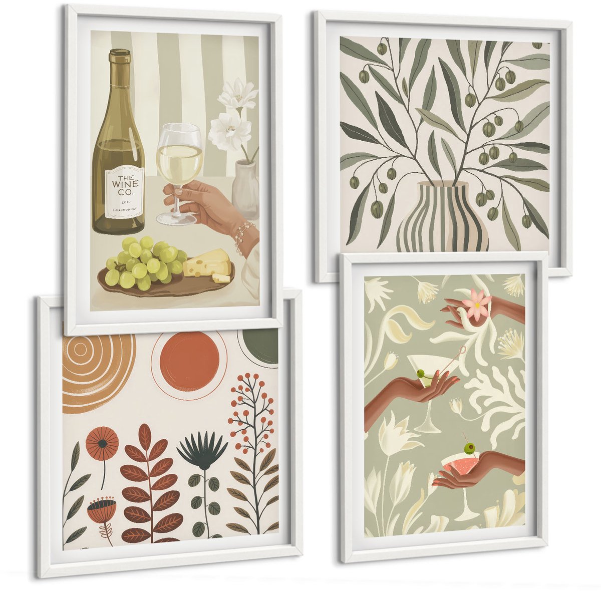 Wallfluent 4-Delige Schilderij Set - Olijfbloemen En Rustieke Cocktails - 40 x 40 En 40 x 60 - Moderne Wanddecoratie - Woonkamer