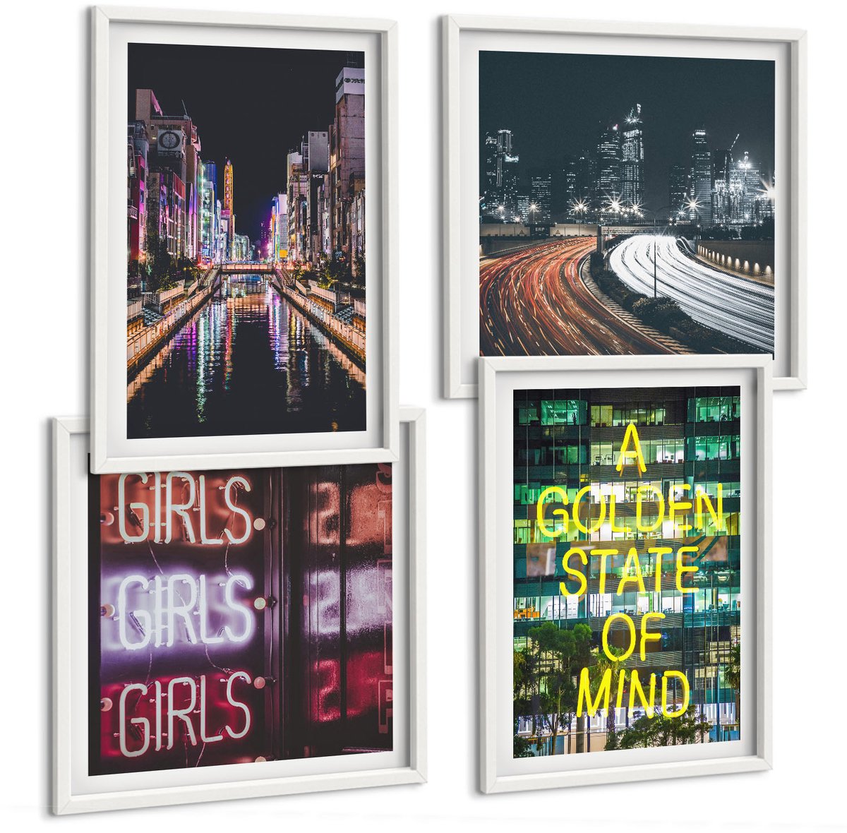 Wallfluent 4-Delige Schilderij Set - Neonreclames Van De Stad 'S Nachts Stadsgezichten - 40 x 40 En 40 x 60 - Wanddecoratie - Muurdecoratie - Moderne Interieurdecoratie - Interieur Decoratie