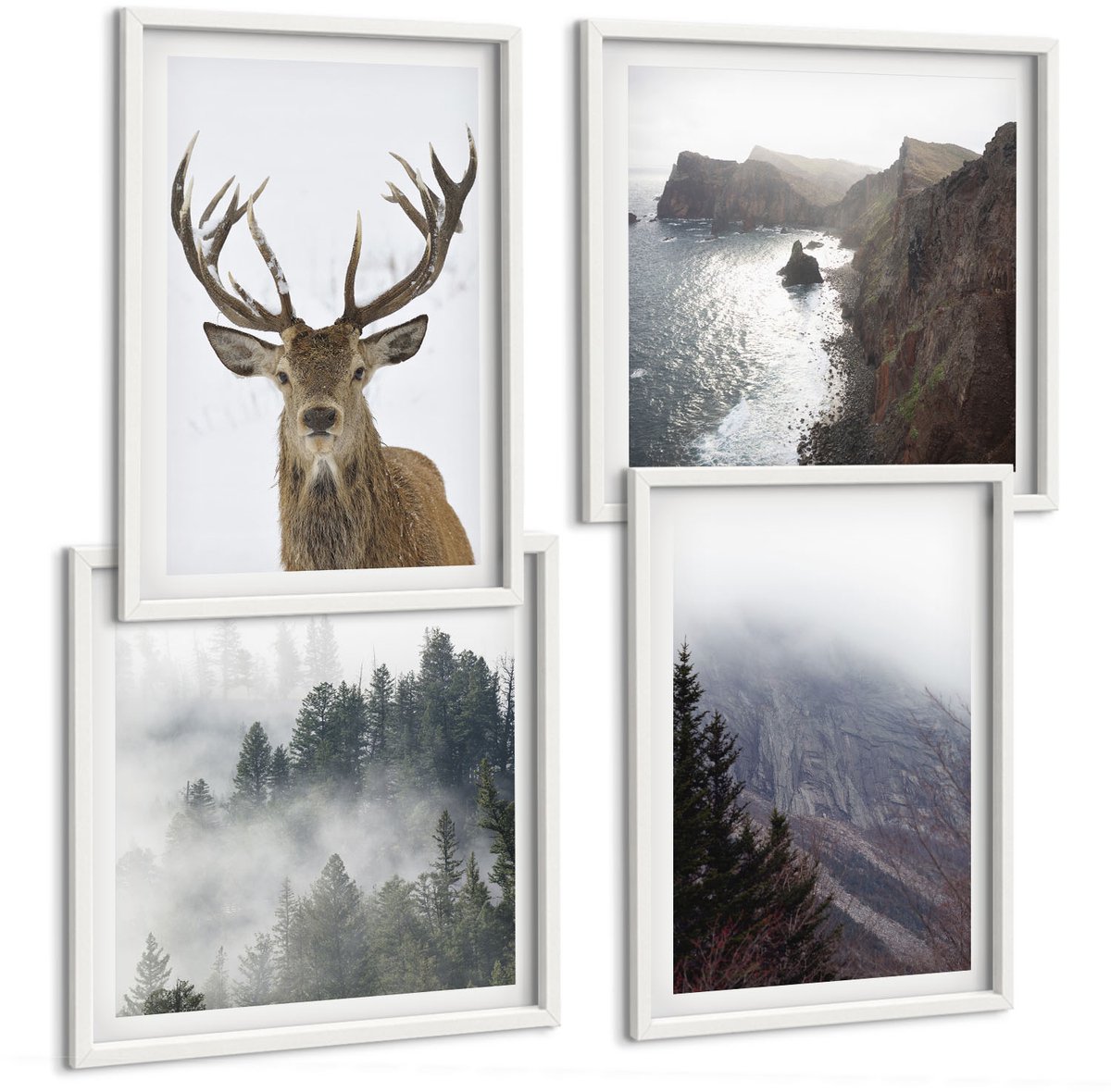 Wallfluent 4-Delige Schilderij Set - Berglandschap Met Mist, Water En Herten - 40 x 40 En 40 x 60 - Muurdecoratie - Wanddecoratie - Hal - Interieur Decoratie