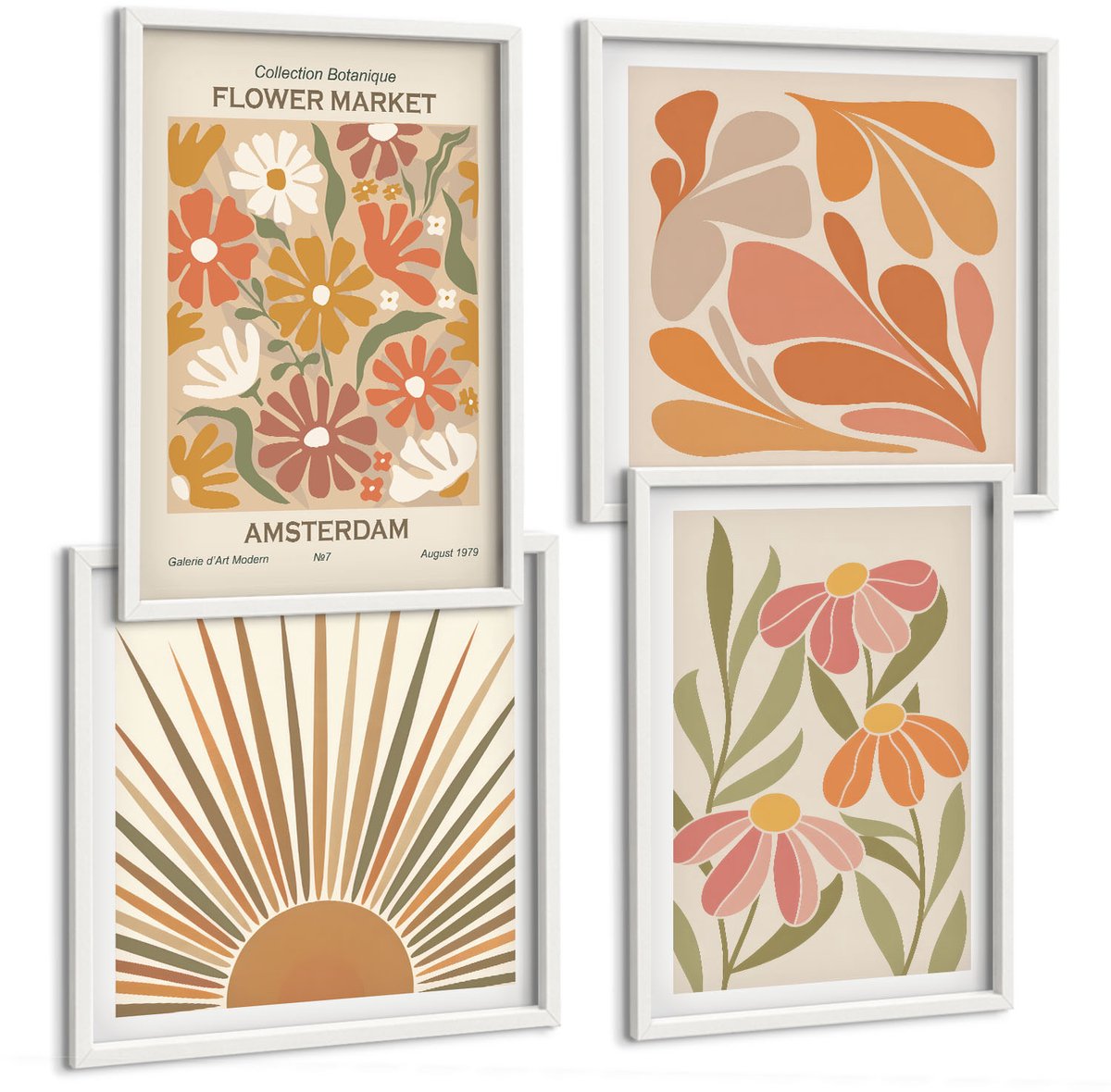 Wallfluent 4-Delige Schilderij Set - Bloemen In Pastelkleuren Met Zonnestralen - 40 x 40 En 40 x 60 - Stijlvolle Muurdecoratie - Kantoor - Moderne Wanddecoratie