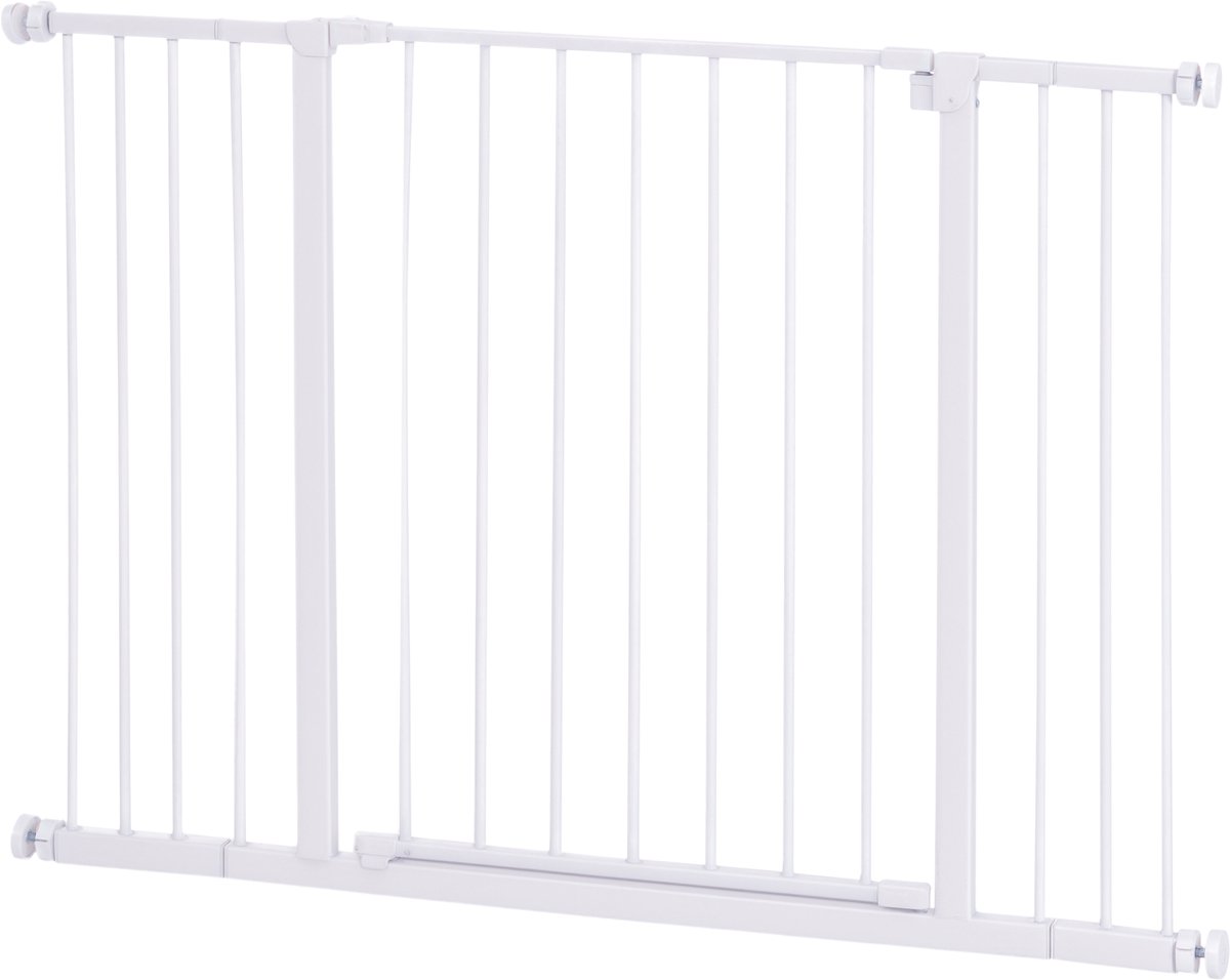Uitschuifbaar metalen veiligheidshekje voor deuren en trappen voor honden en baby's, huisdierhekje met 2 verlengstukken (15/10 cm), 76-107x76 cm, wit