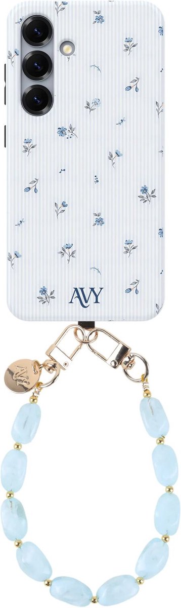 AVY Hoesje Met Telefoonkoord | Geschikt voor Samsung Galaxy S25 Plus | Compatibel met MagSafe & Qi2 | Hard Shell Back Cover | Stijlvol Bijpassend Koord Polsbandje (32CM) | Sky Blossom