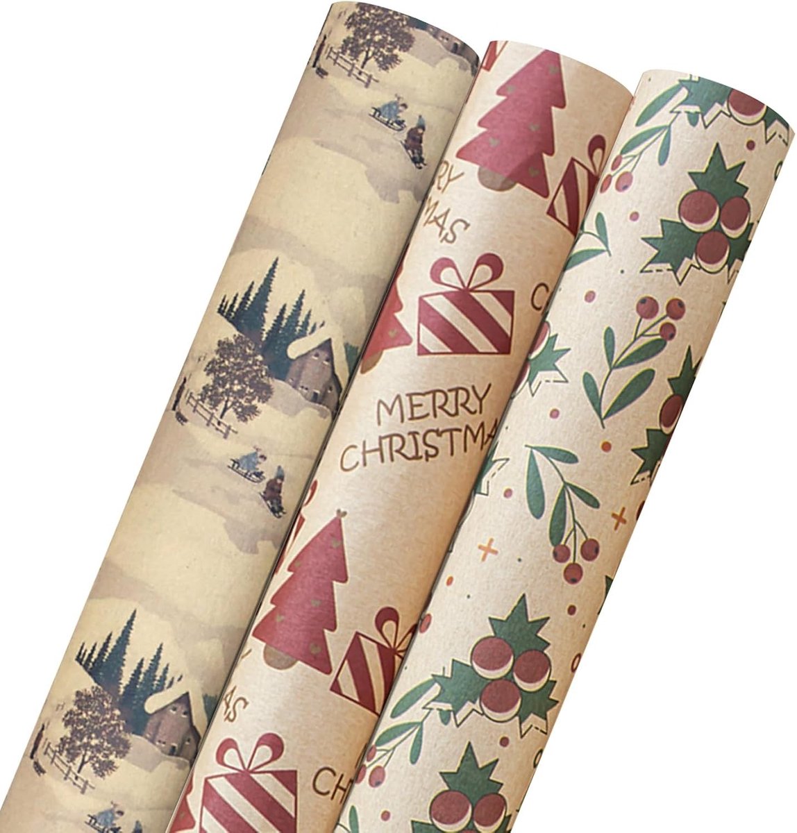 Kerst Cadeaupapier - Naturel - 0,44 x 5 m - Duurzaam Kraftpapier met Kerstmotieven - Voor Geschenken