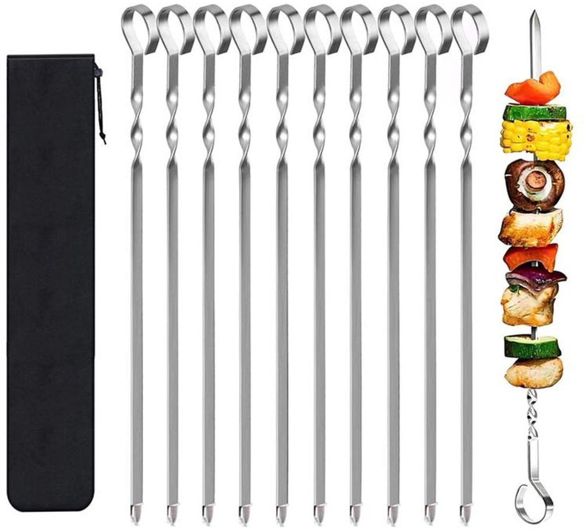 KZQ 20 roestvrijstalen grillspiesjes - plat - herbruikbaar - met opbergtas - geschikt voor vlees, groenten en gegrild vlees, professionele barbecuespiesjesset - 36 cm
