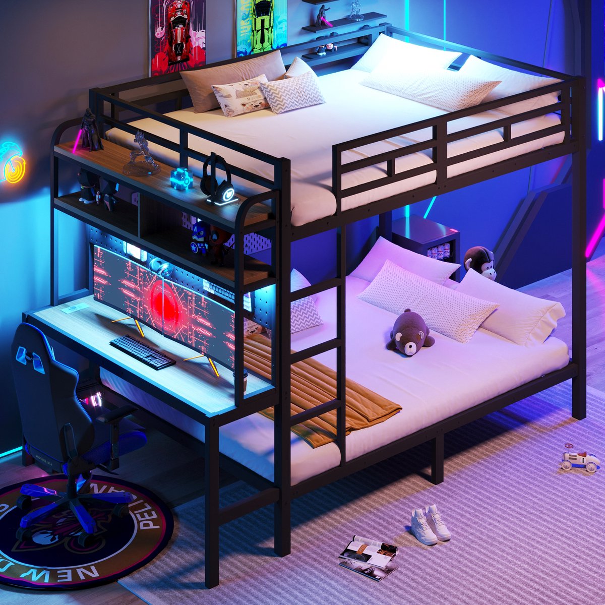 COVREO Stapelbed 140 x 200 cm zwart metaal, bureau, LED en USB