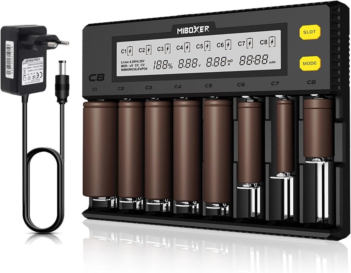Batterijlader - 8 Poorten - 1.5A - Universele Oplader voor Oplaadbare Batterijen - Voor Thuis en Op Reis