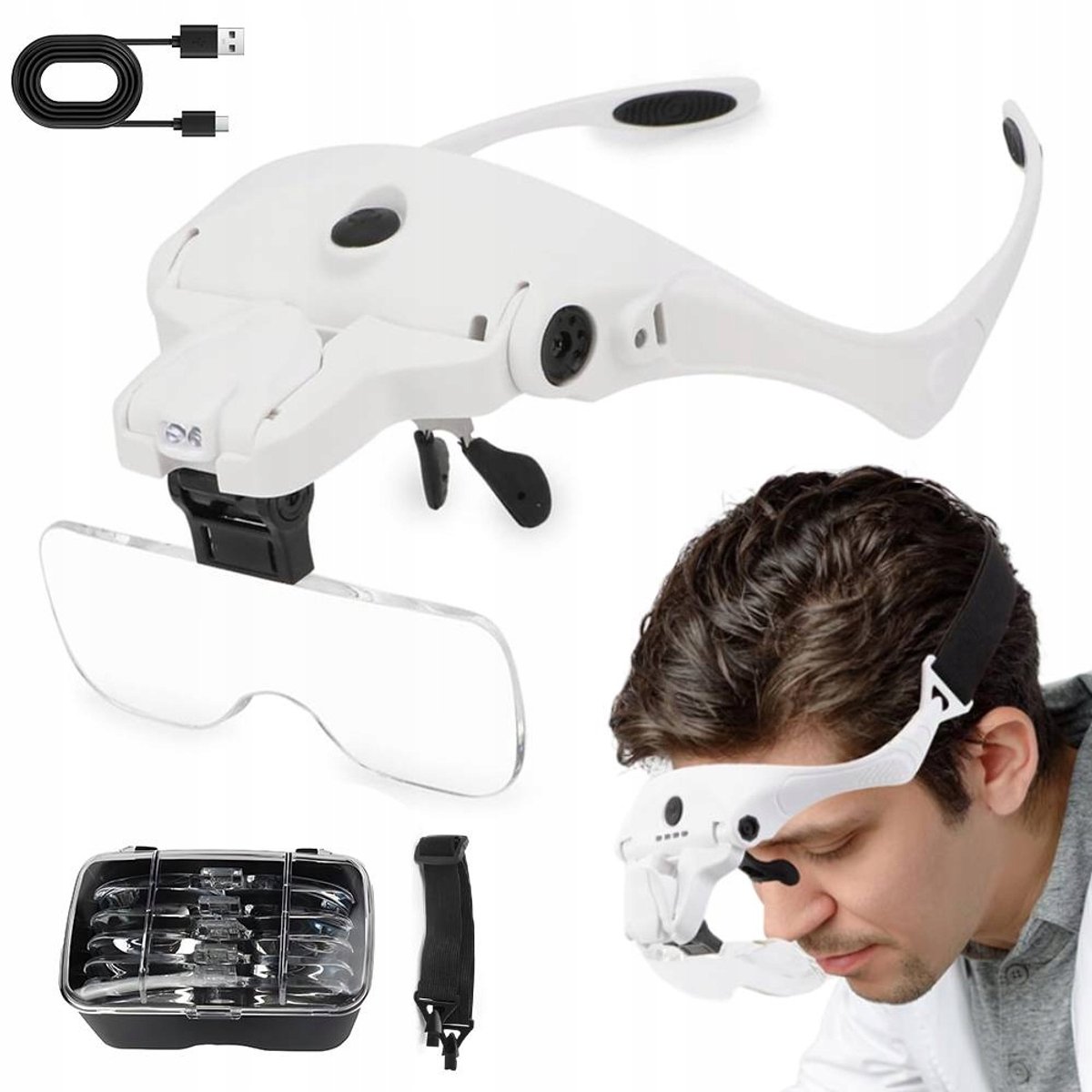 Loeplamp Hoofdband - Loep Bril - Hoofdloep - 5 Lenzen - 1,0-3,5x - 2 Standen Verstelbaar LED - Oplaadbaar - Vergrootglas Hoofd - Voor Lezen Handwerk en Reparatie - Handsfree