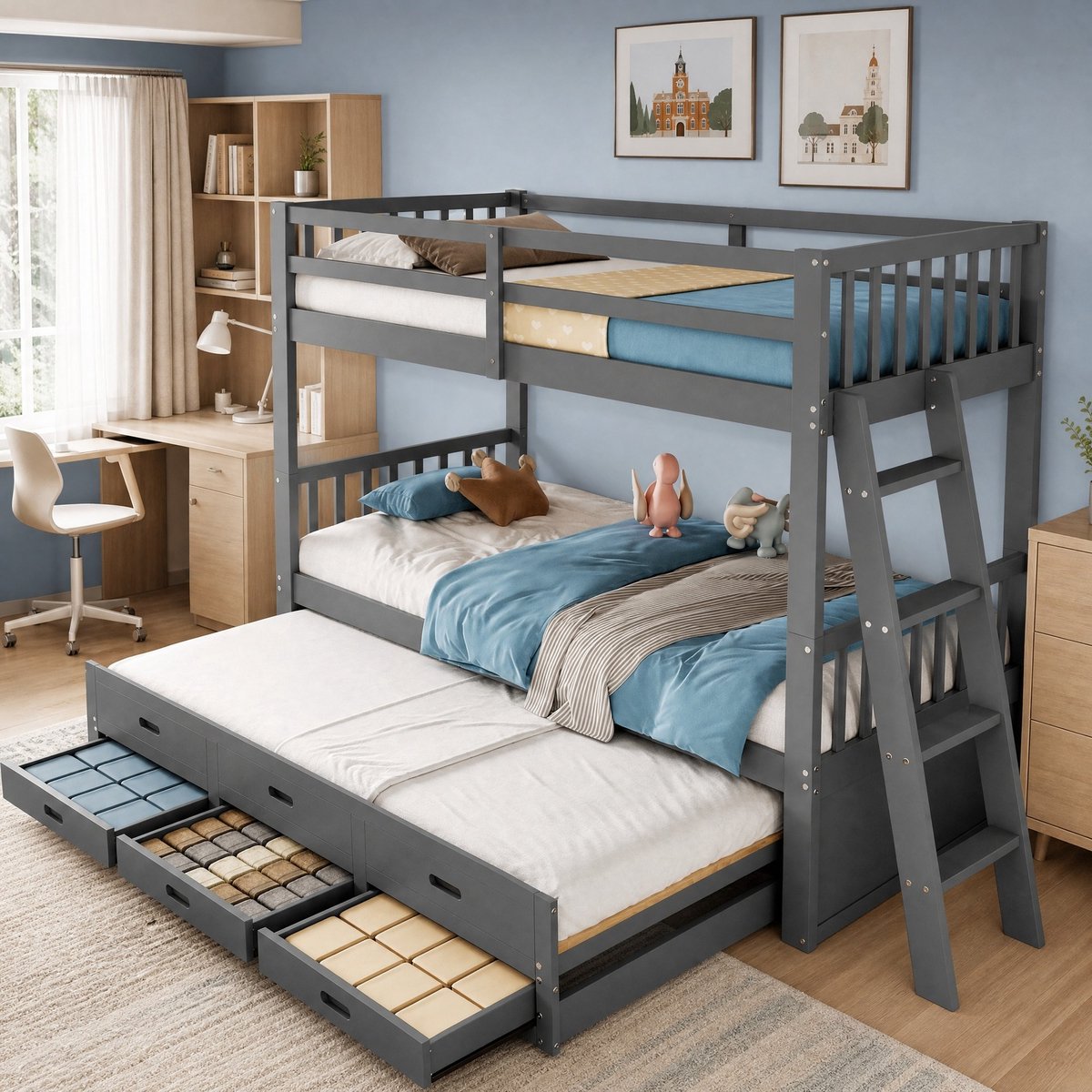 COVREO Stapelbed 90x200 cm grijs, hout en MDF met uitschuifbed en lades