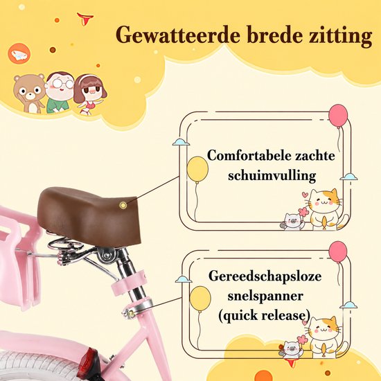 Rully Meisjesfiets - 12/14/16 inch - Fruitendesign - Met Zijwieltjes, Bruine Rieten Mand en Poppenzitje -Roze — afbeelding 3