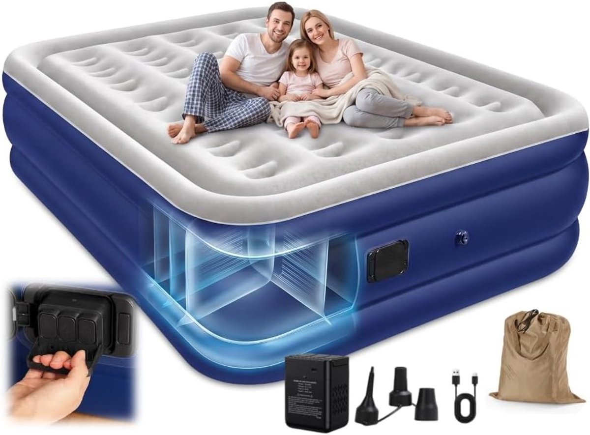 Luchtbed voor 2 Personen - Wit en Blauw - 200 x 152 x 40 cm - Versterkt PVC met Afneembare Pomp - Voor Thuis en Camping