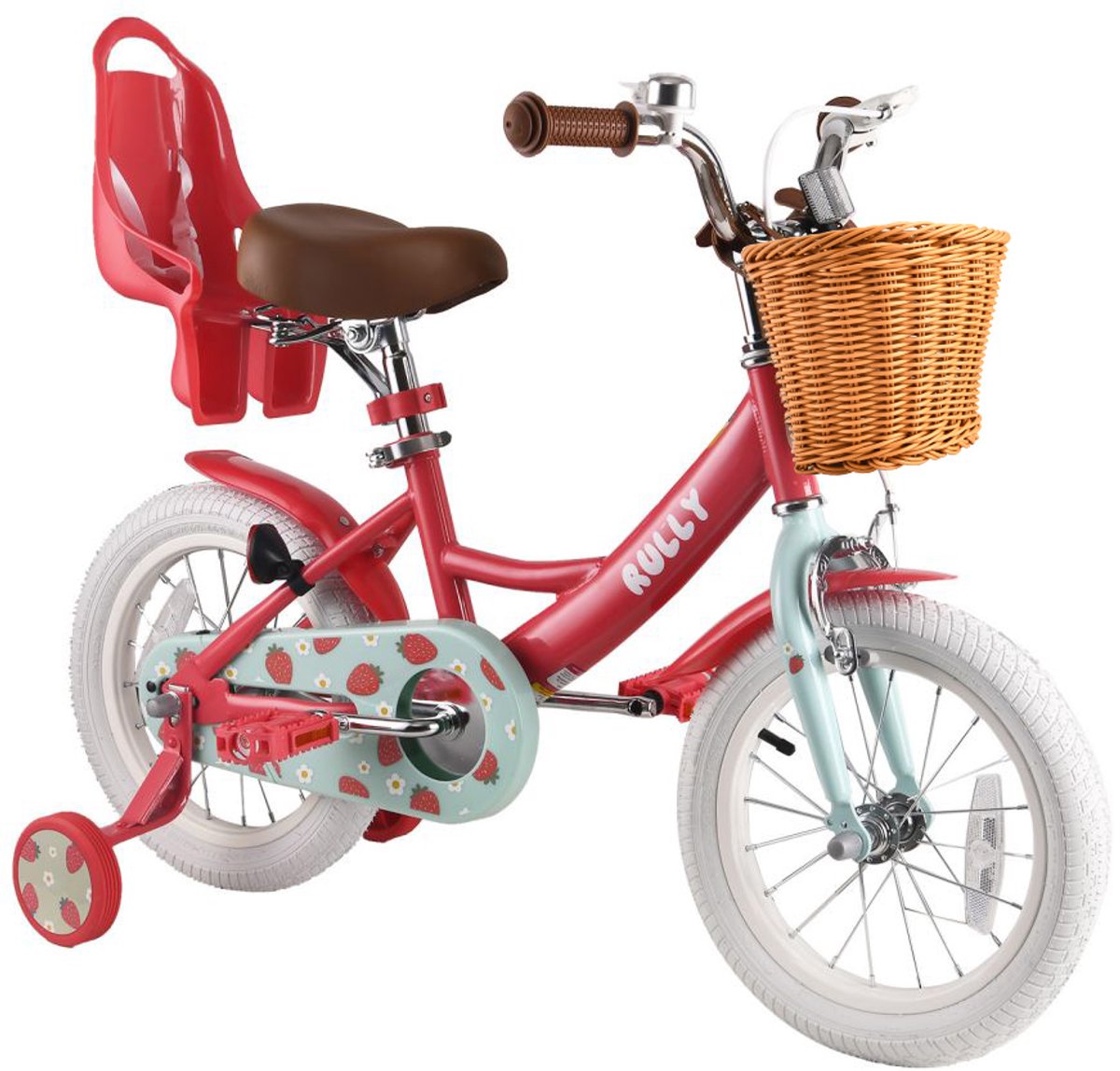 Vankel Rully Citroen Kinderfiets voor Meisjes 12 14 16 inch Met Rieten Mand Zijwieltjes en Bruin Zadel -rood