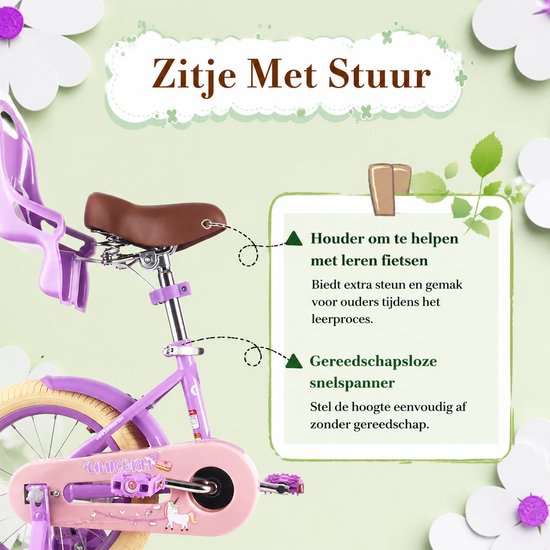Vankel Meisjesfiets - Kinderfiets - 12/14/16 inch - Cadeau voor Meisjes - Met Poppenzitje, Mandje en Zijwieltjes - Paars van VANKEL — afbeelding 3