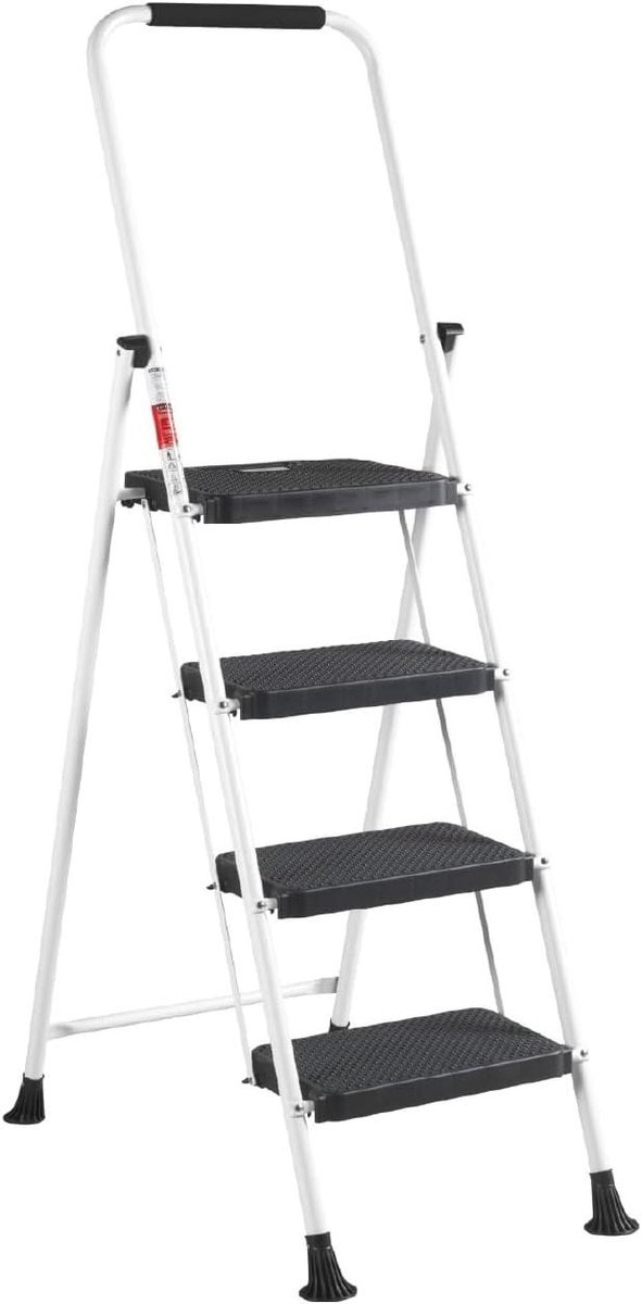 Aluminium Vouwladder - Opvouwbare Trap - Huishoudelijk Gebruik - Stevig en Veilig - 4 Treden - Wit