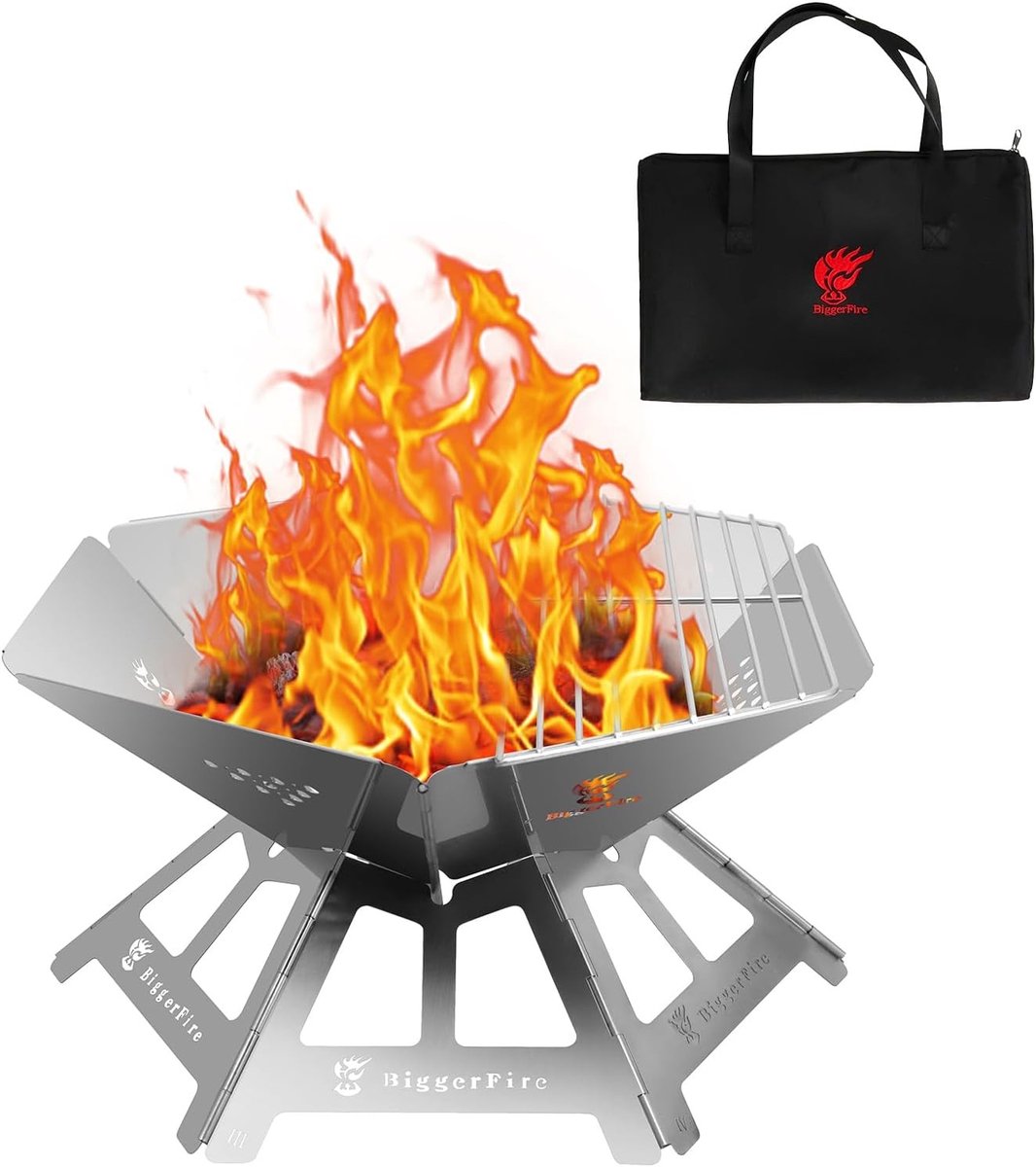 Opvouwbare Haard - RVS - 48,2 x 54,6 x 25,5 cm - Draagbare Vuurkorf met Grillrooster en Draagtas - Voor Buiten en Camping