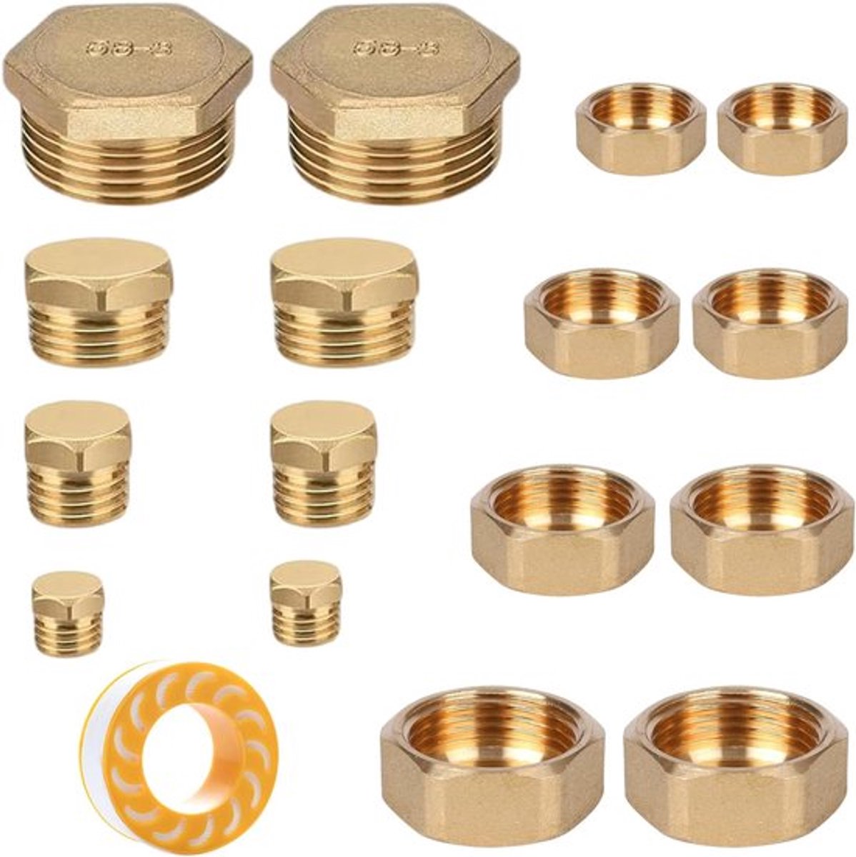 16 stuks blinde pluggen voor waterleiding - binnen- en buitendraad - 1/2, 1/8, 1/4, 3/8 inch messing kap blinde pluggen voor tuinwaterleiding