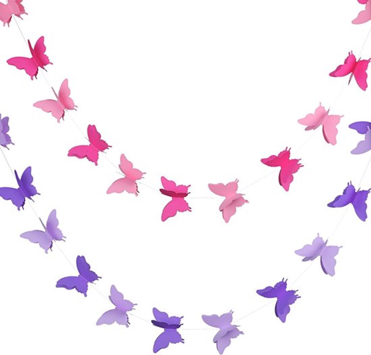 3D papieren vlinderslinger - 2 stuks hangende decoratieve slinger voor bruiloft - babyshower - verjaardag en thema decoratie - 118 inch lang - roze en paars