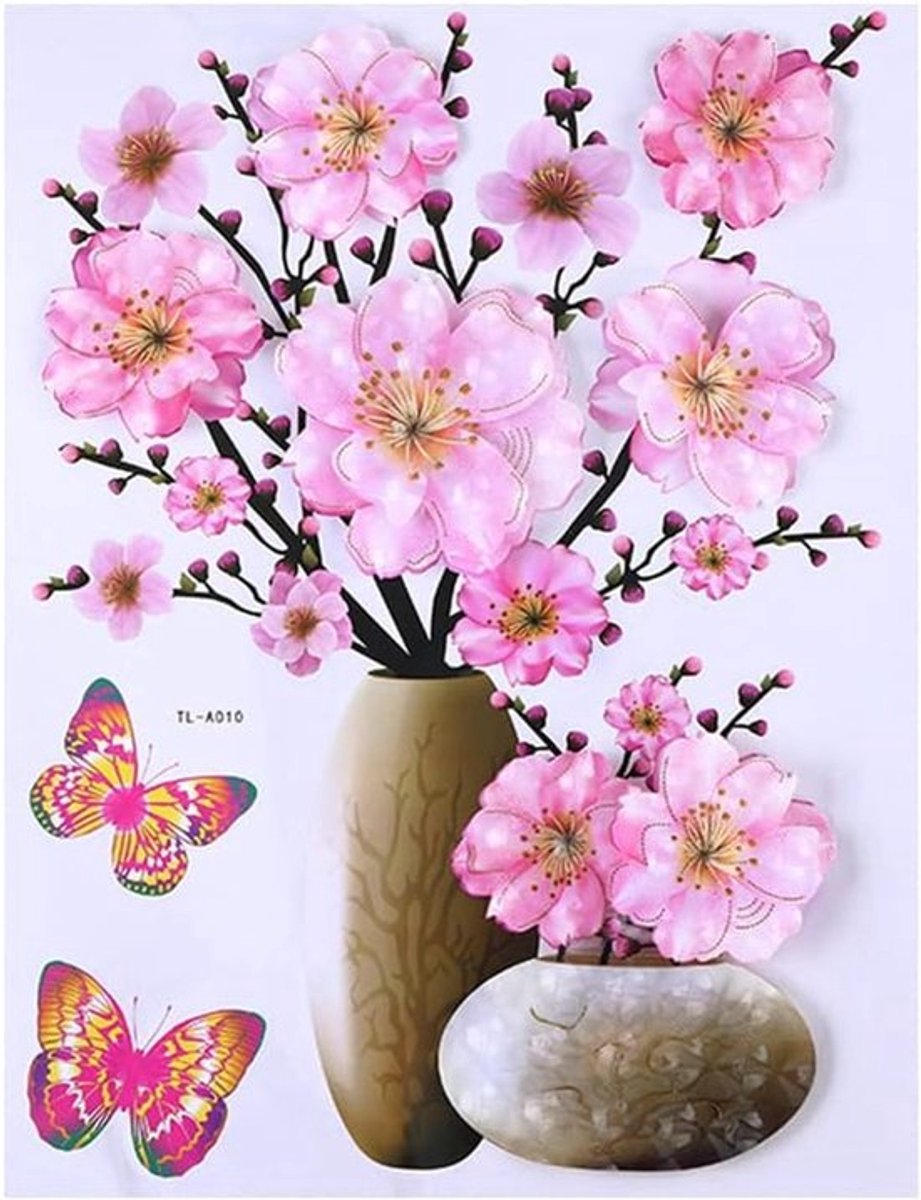 Vaas muursticker - 3D-stereosticker - muurtattoo met vlinders en bloemen - verwijderbaar PVC - waterbestendige zelfklevende muurdecoraties voor slaapkamer, kantoor en keuken - 30 x 40 cm
