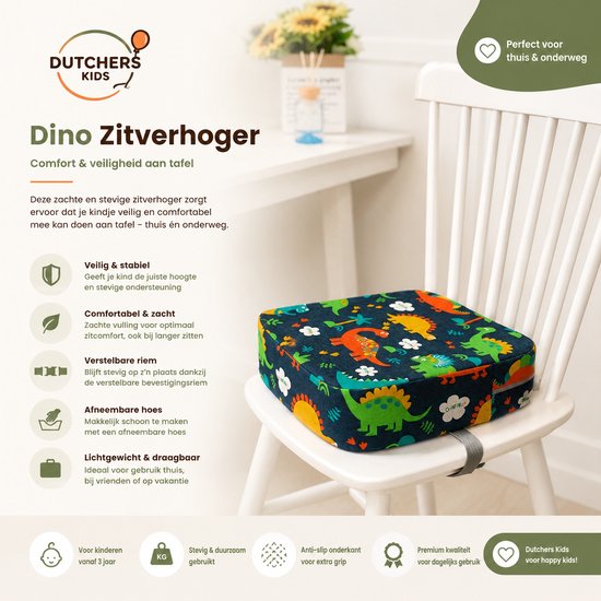 Dutchers® Stoelverhoger voor Kinderen – 8cm Verhoogkussen met Dierenprint – Zitverhoger voor Eettafel & Eetkamerstoel – Zitkussen Tafel - Peuter Stoelverhoger - Stoelkussen waterdicht – Zitverhoger voor eetkamerstoel - Veilig met Riemen - Dino — afbeelding 2