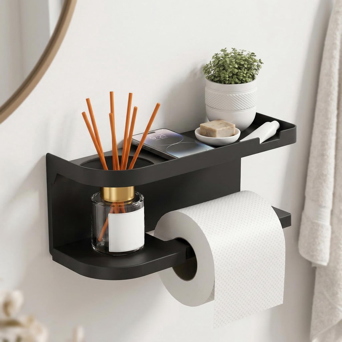 Keukenrolhouder - Opbergrek - Toiletrolhouder met Plank – Zelfklevende WC Rolhouder met Opbergrek, Wandgemonteerde Badkamer Organizer van Versterkt PP, Zonder Boren, voor Toilet, Badkamer en Keuken – Zwart