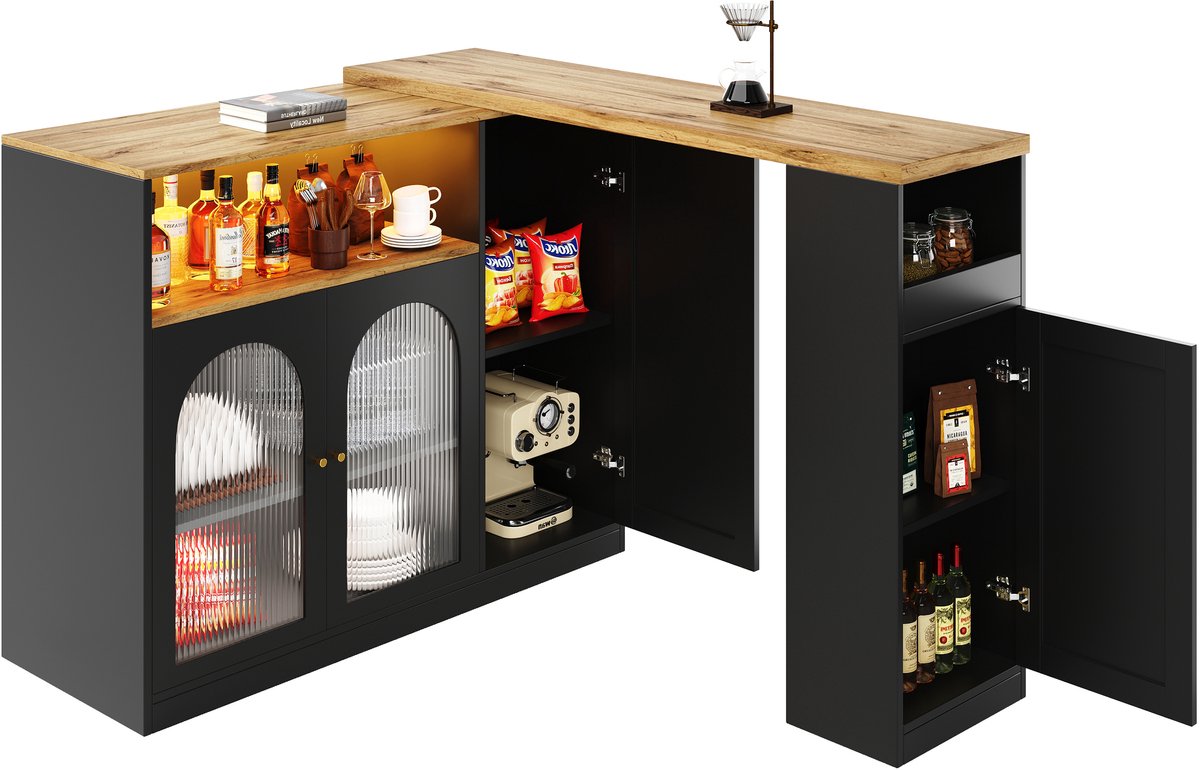 COVREO 360° draaibare bartafel met opbergkast - 198x39,6x97 cm - mat zwart met houtnerf - glazen deur en LED-verlichting - sideboard voor keuken, eetkamer of koffiehoek