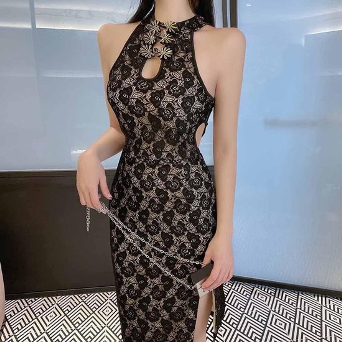 Halternek Bloemen Cheongsam Jurk met Split Taille en Bodycon Pasvorm