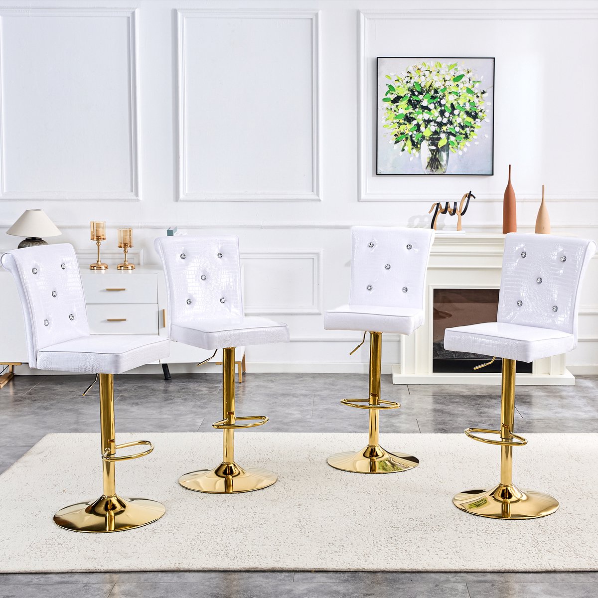 MIVRAY Eetkamerstoel Set Van 4 Witte Vintage Barstoelen Met Hoogteverstelling Krokodillenprint En Kristalknop Voor Keuken En Eetkamer Metaal Kunstleer
