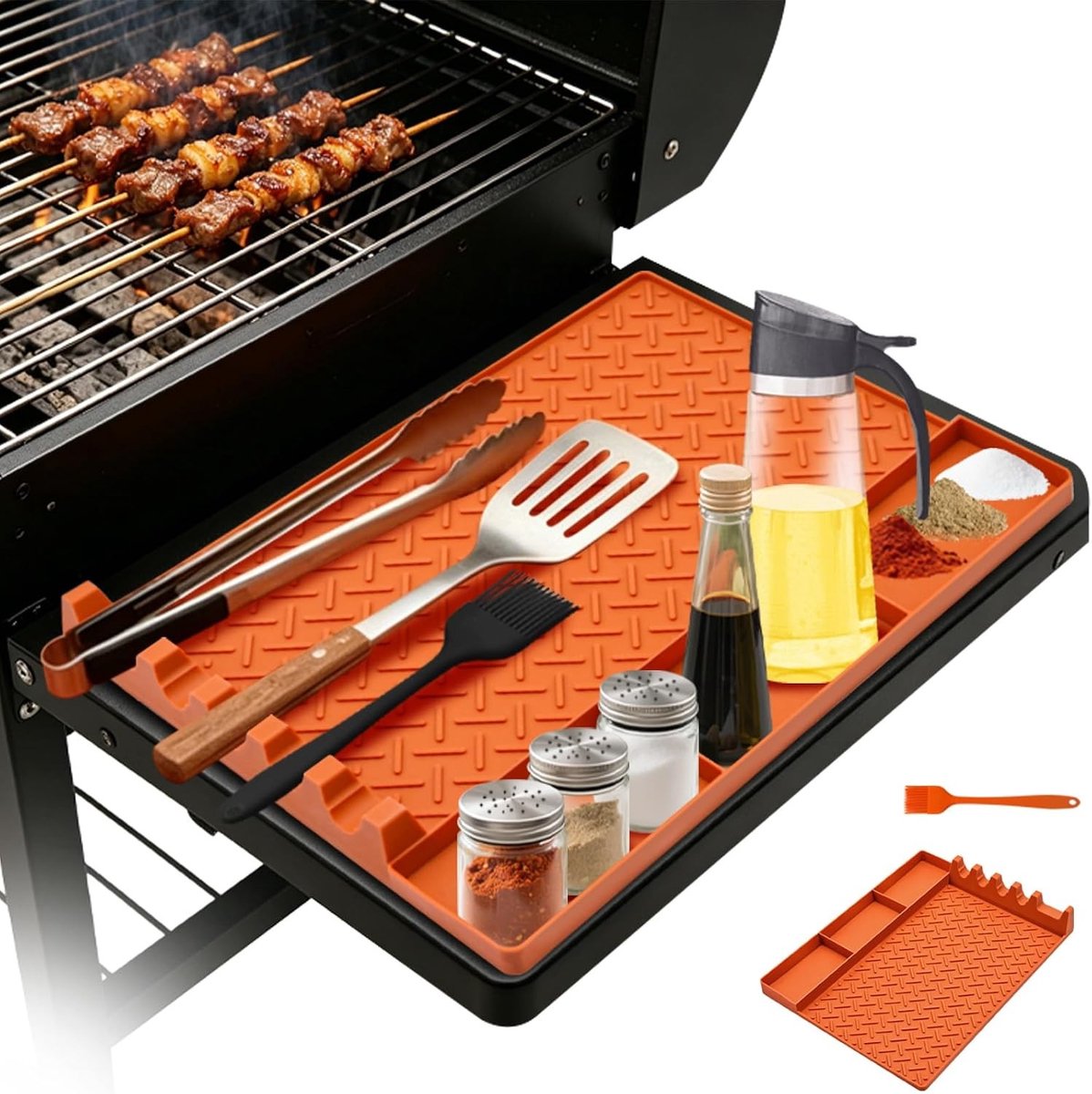 Siliconen Grillmat voor Gasbarbecue en Zijbranders, Antislip BBQ Mat voor Specerijen, Flessen en Grillgereedschap, Warmtebestendig en Makkelijk Schoon te Maken, Opbergmat voor Buiten koken