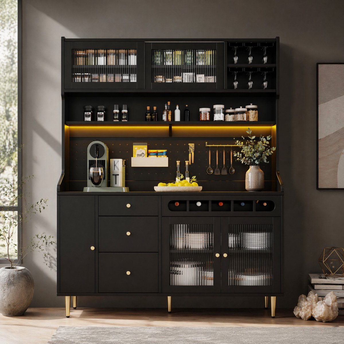 COVREO Buffetkast 145x39x171 cm zwart, MDF met LED en wijnrek