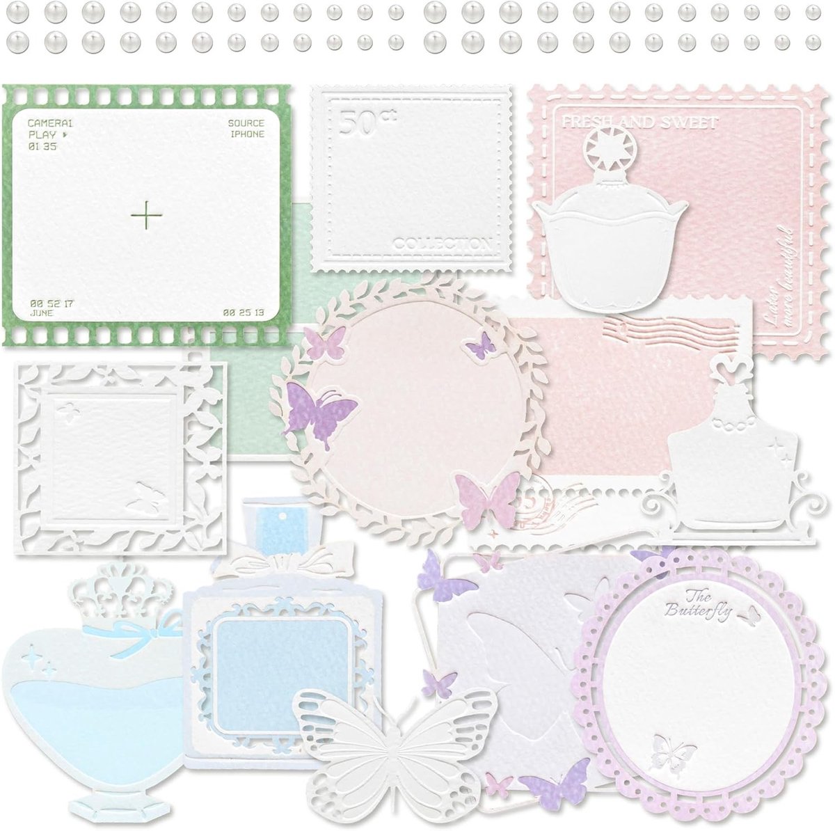 Vintage Scrapbook Snijpapier met Raamdecoratie, Vlinders en Flessen - Creatief voor Kaarten, Fotoalbums en Notitieboeken