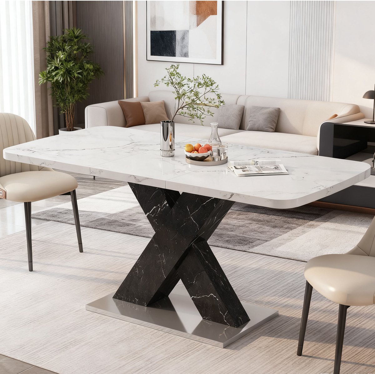 Wishdor Uitschuifbare rechthoekige eettafel - modern - wit marmerlook - zwart - x-poot - 160 cm Wit + zwart
