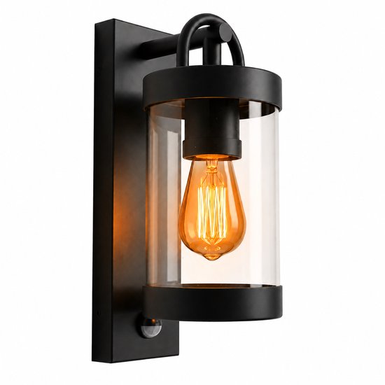 Zwarte wandlamp met glazen cilinder die een E27-lamp met zichtbare gloeidraad bevat.