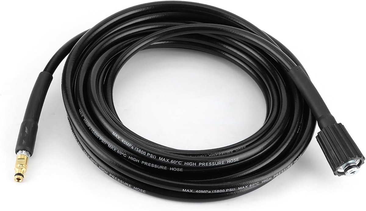 Hogedrukslang 40 MPa 5800 PSI, rubberen gevlochten met snelkoppeling, geschikt voor diverse hogedrukreinigers, verkrijgbaar in lengtes van 6 m, 8 m, 10 m en 15 m.