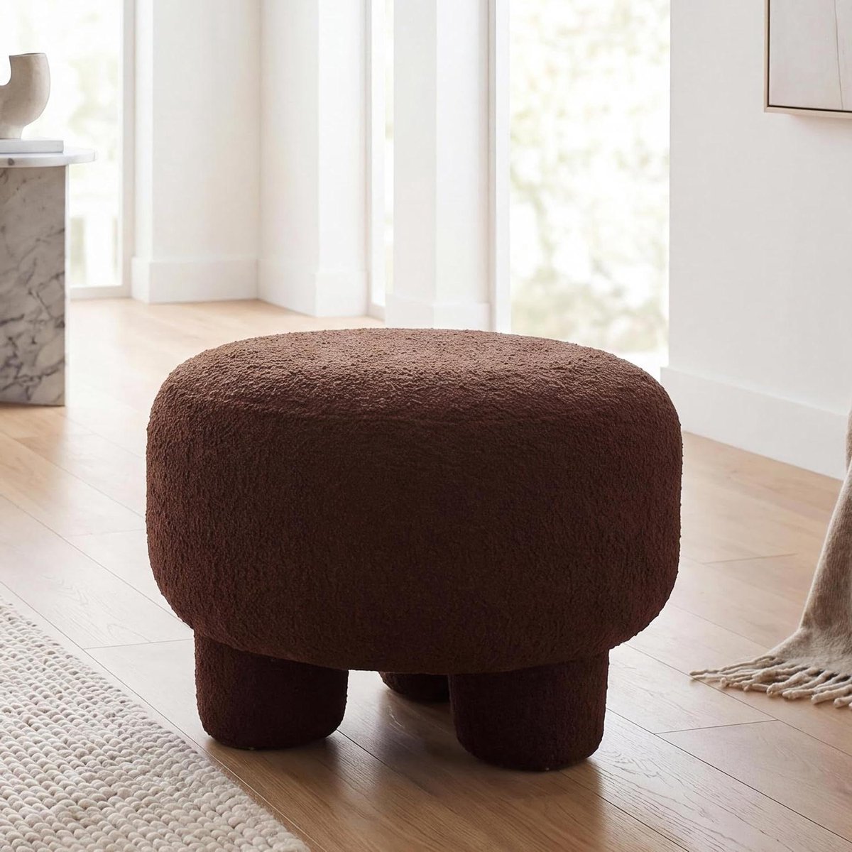 Gestoffeerde Poef - Zitkruk Ottomaans - Extra Zitplaats - Bouclé Stof - 55x55x40 cm - Donkerbruin