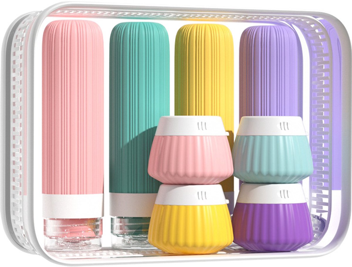 8-delige Siliconen Reisset voor Handbagage - Lekvrije Reisflesjes met Opbergtas - Herbruikbare Cosmetica Potjes van 90ml & 40ml - BPA-vrije Navulbare Reisflesjes voor Shampoo & Toiletartikelen - Zomer Travel Kit - Multi-Color1