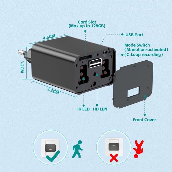 Verborgen Camera USB Lader - Mini Camera Spycam - Woning Beveiliging - Bewegingsdetectie Nachtzicht - 1080P HD - Zwart — afbeelding 4