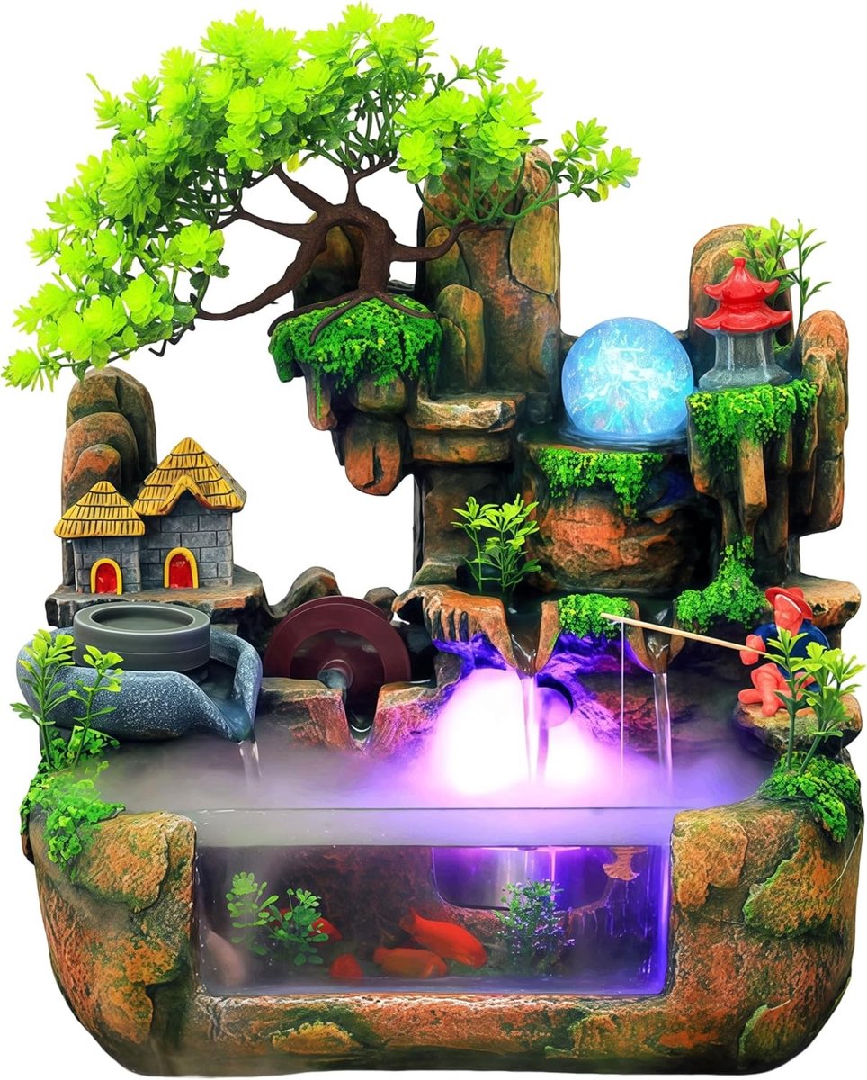 Kamerfontein - Groen - 38 x 30 x 20 cm - Polyesterhars Waterval met Aquarium en LED Verlichting - Voor Binnengebruik