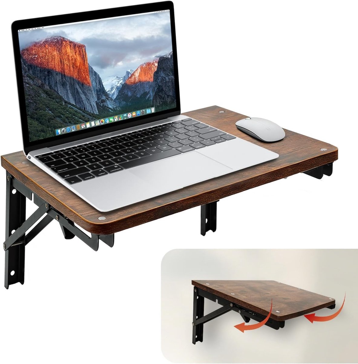 Klapconsole voor zware belasting - Bruin - 42 x 30 cm - Houten Klaptafel met Stalen Beugels - Voor Wandmontage in Kleine Ruimtes