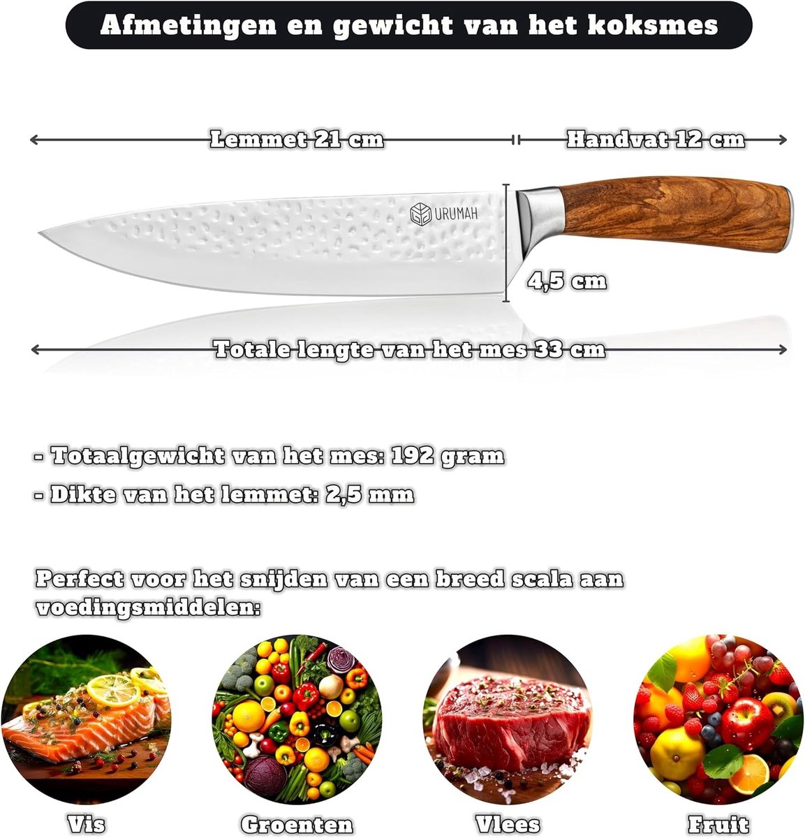 Koksmes - 21 cm - Hoogwaardig Koolstofroestvrij Staal - Met Olijfhouten Handvat - Voor Koks en Kookliefhebbers