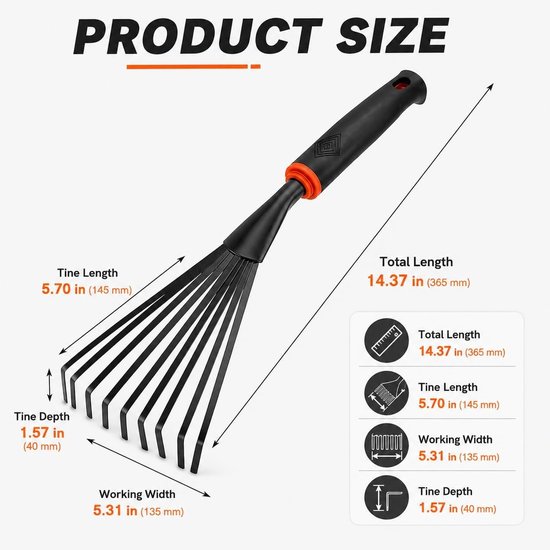 Kleine Handhark - Zwart en Oranje - 36,5 cm - Metalen Waaierbezem met Ergonomische Antislip Handgreep - Voor Tuinliefhebbers — afbeelding 2
