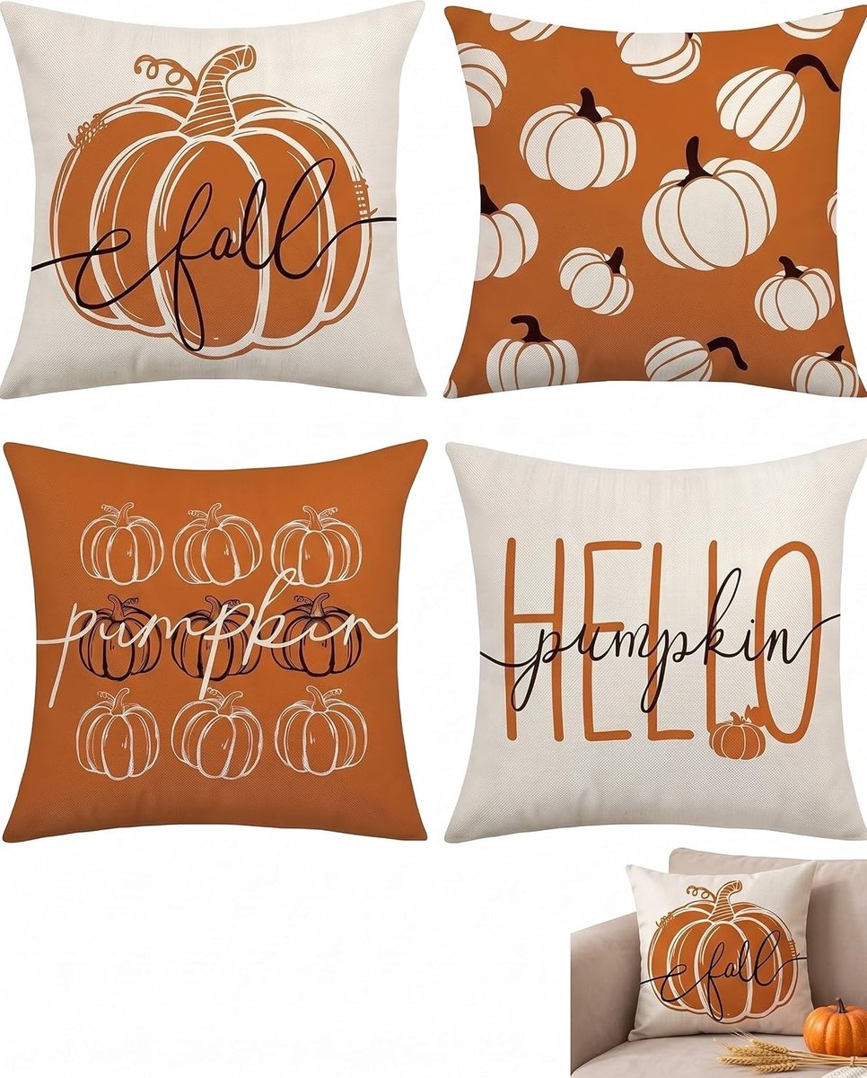 Kussensloop - 4-delige Set Herfst Kussenslopen met Pompoenmotief - 45x45 cm - Met Envelopsluiting en Antislip Voering - Geschikt voor Bank en Fauteuil - Oranje en Beige - 4 Stuks