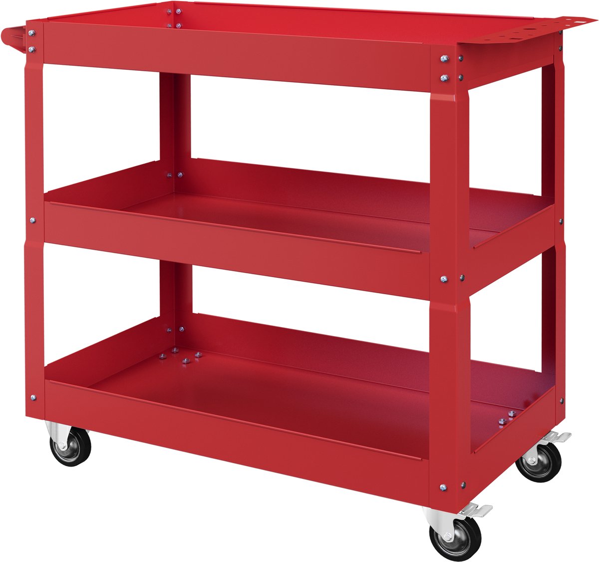 Stalen werkplaatswagen, voorzien van 3 platen met wieltjes en een handgreep — maximaal draagvermogen 150 kg — 83 x 35,3 x 76 cm — rood staal
