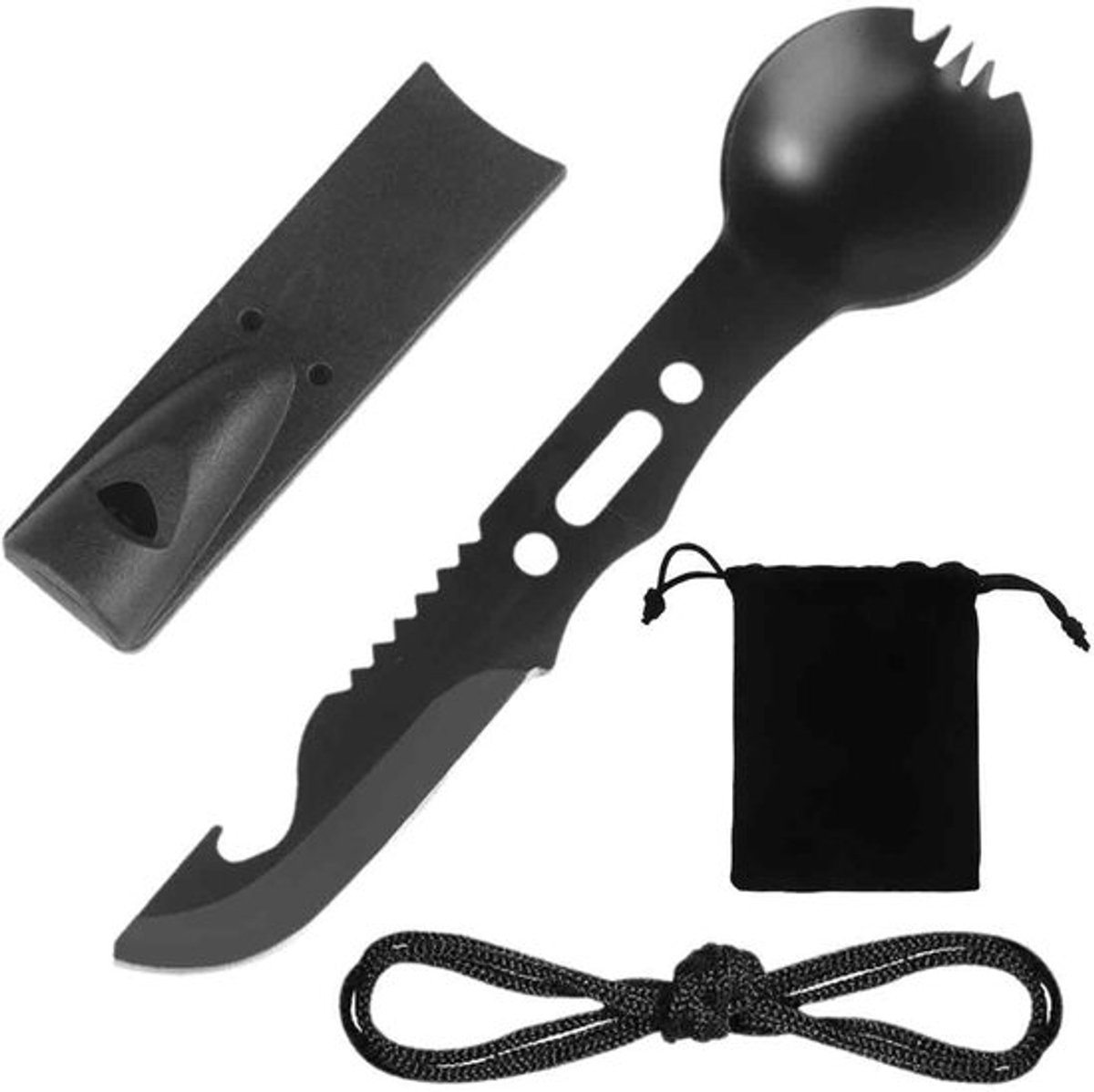 Bestekset 5-in-1 - Roestvrij Staal - Campingbestek - Outdoorset - Multifunctioneel - Inclusief Zak - Kampeerbestek