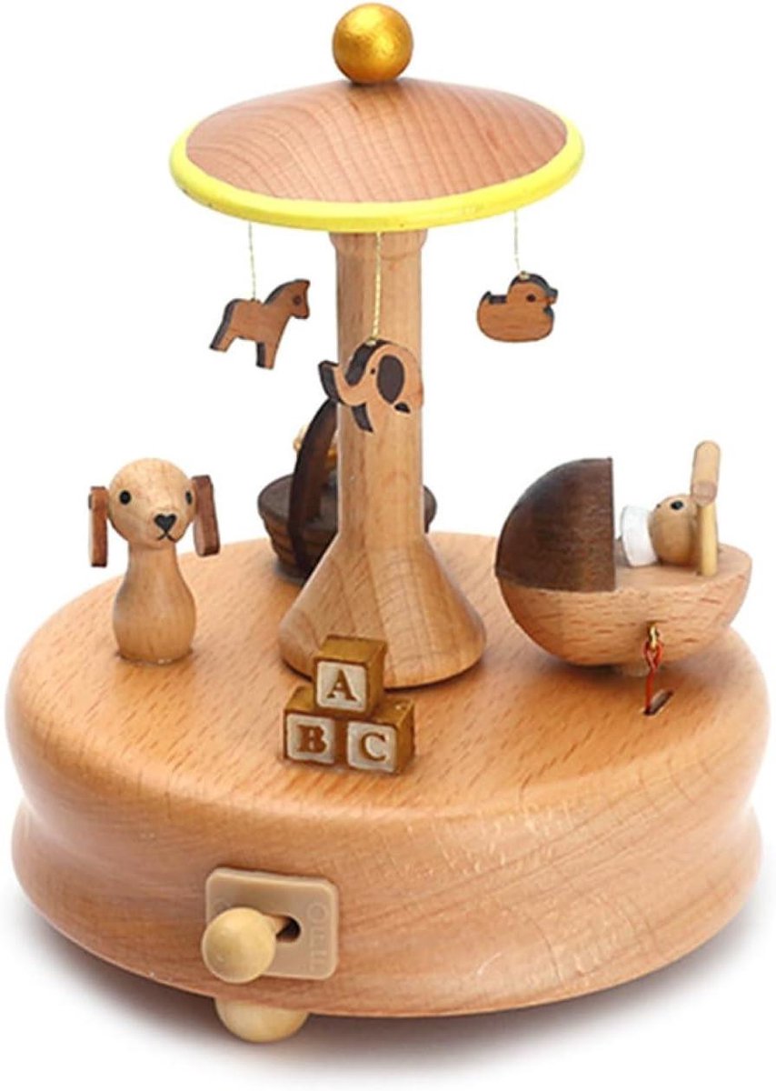 Houten Muziekdoos - Draaiende Speeldoos Kinderkamer - Kamer Decoratie - Klassieke Melodieën - ca. 11 cm diameter - Natuurlijk Hout