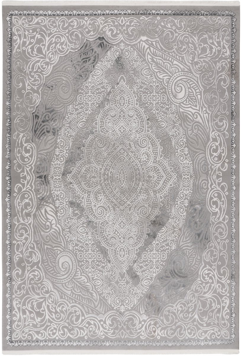 Padiro laagpolig vloerkleed 80 x 150 cm - zilver - modern geometrisch patroon - geschikt voor vloerverwarming - van polypropyleen en polyester