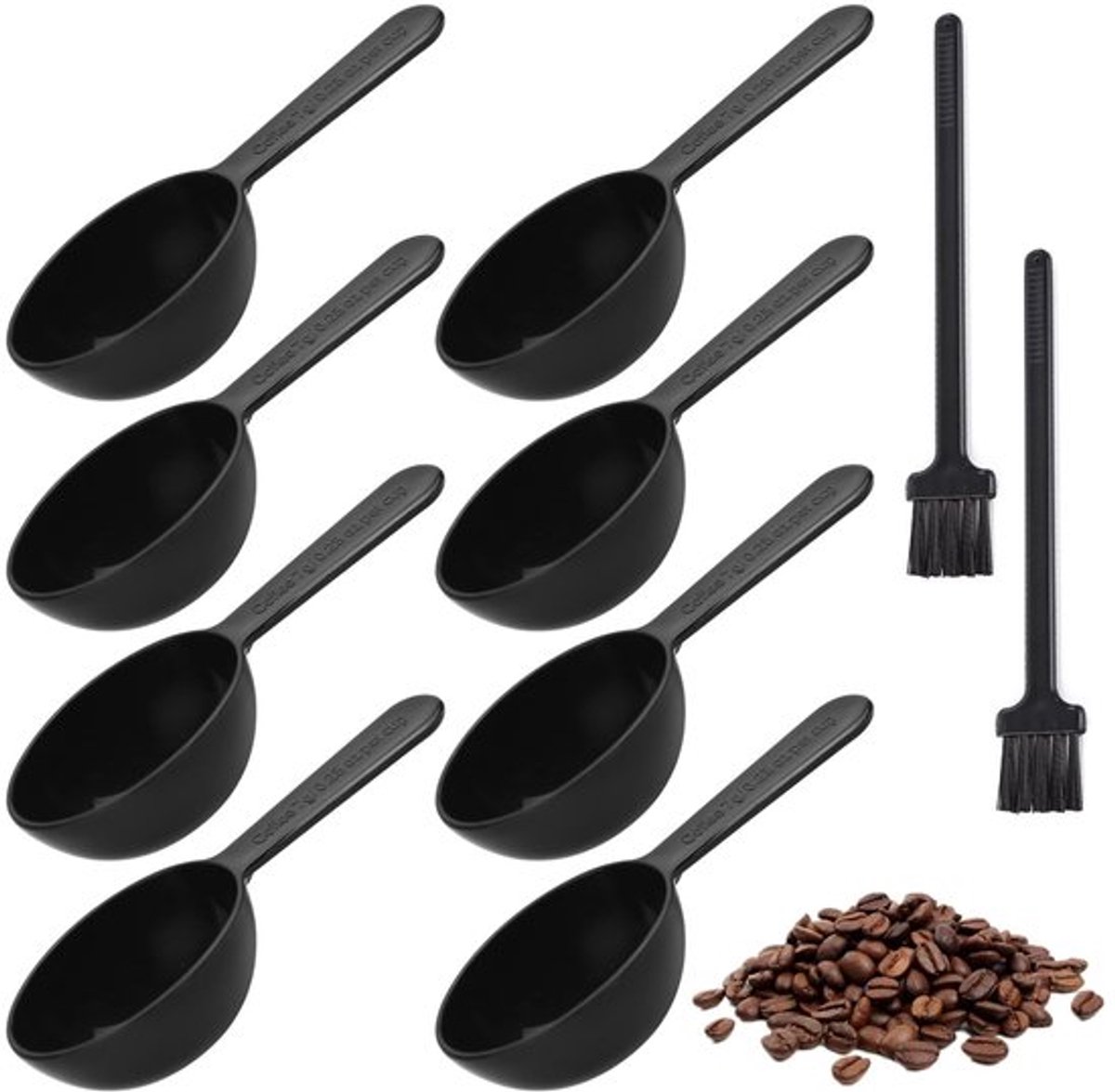 Maatlepels Set van 8 - Herbruikbaar Keukengerei - Koffie/Thee Maatlepels - Inclusief 2 Reinigingsborstels - Kunststof Zwart - Gemakkelijk Schoon te Maken